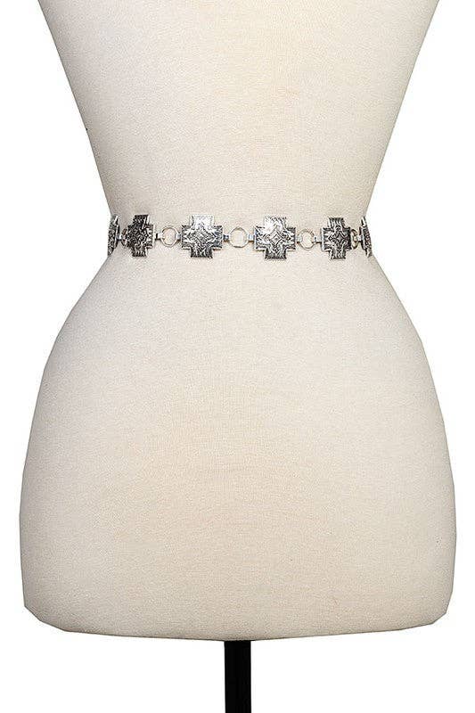 Cross Etched Link Chain Belt: BURNISHED SILVER / L/XL
