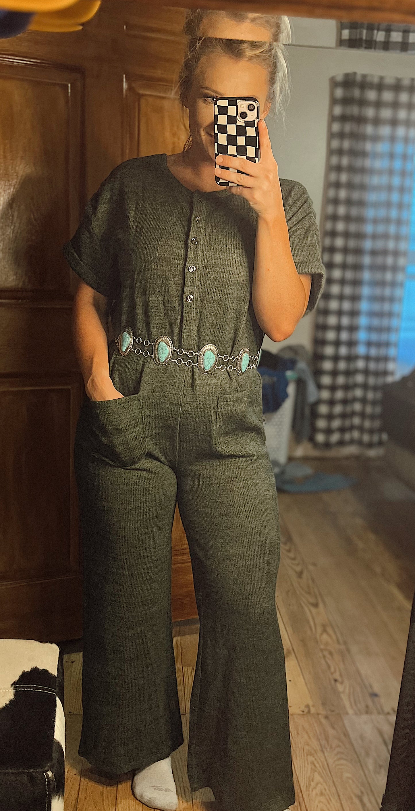 Jungle Green Textured Wide Leg Jumpsuit