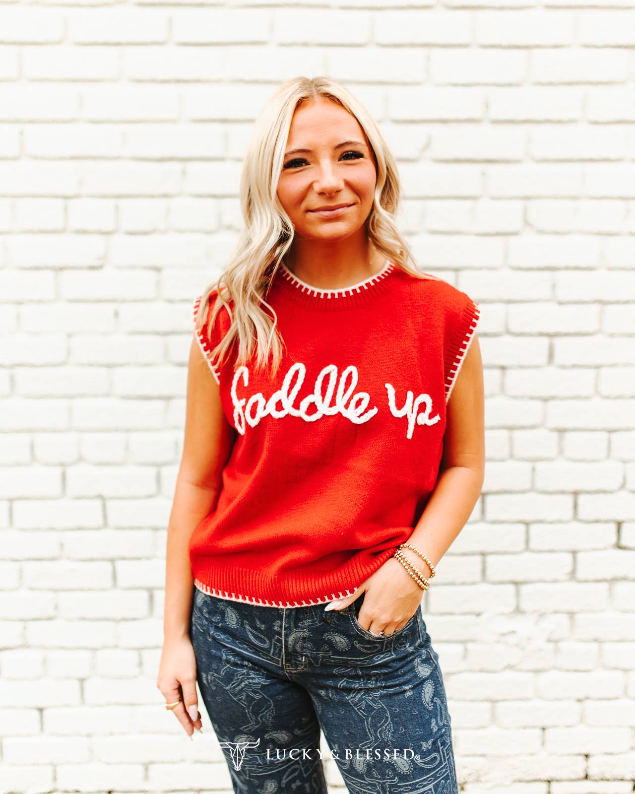 "Saddle Up" Red Knitted Sleeveless Sweater Top