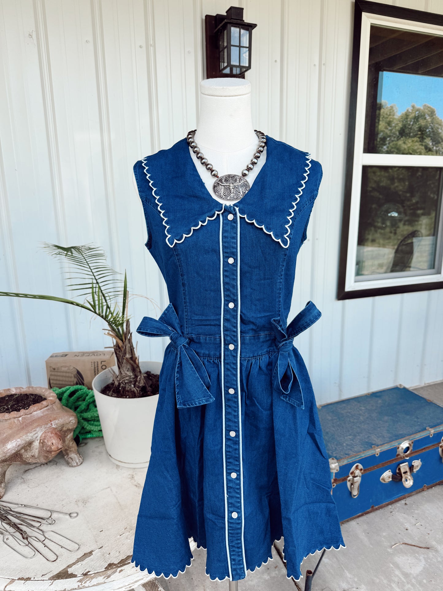 Mid Wash Stretch Denim Bib Collar Pearl Snap Dress