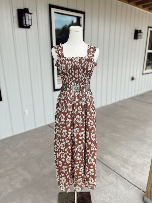 Brown Smocked Floral Maxi Dress