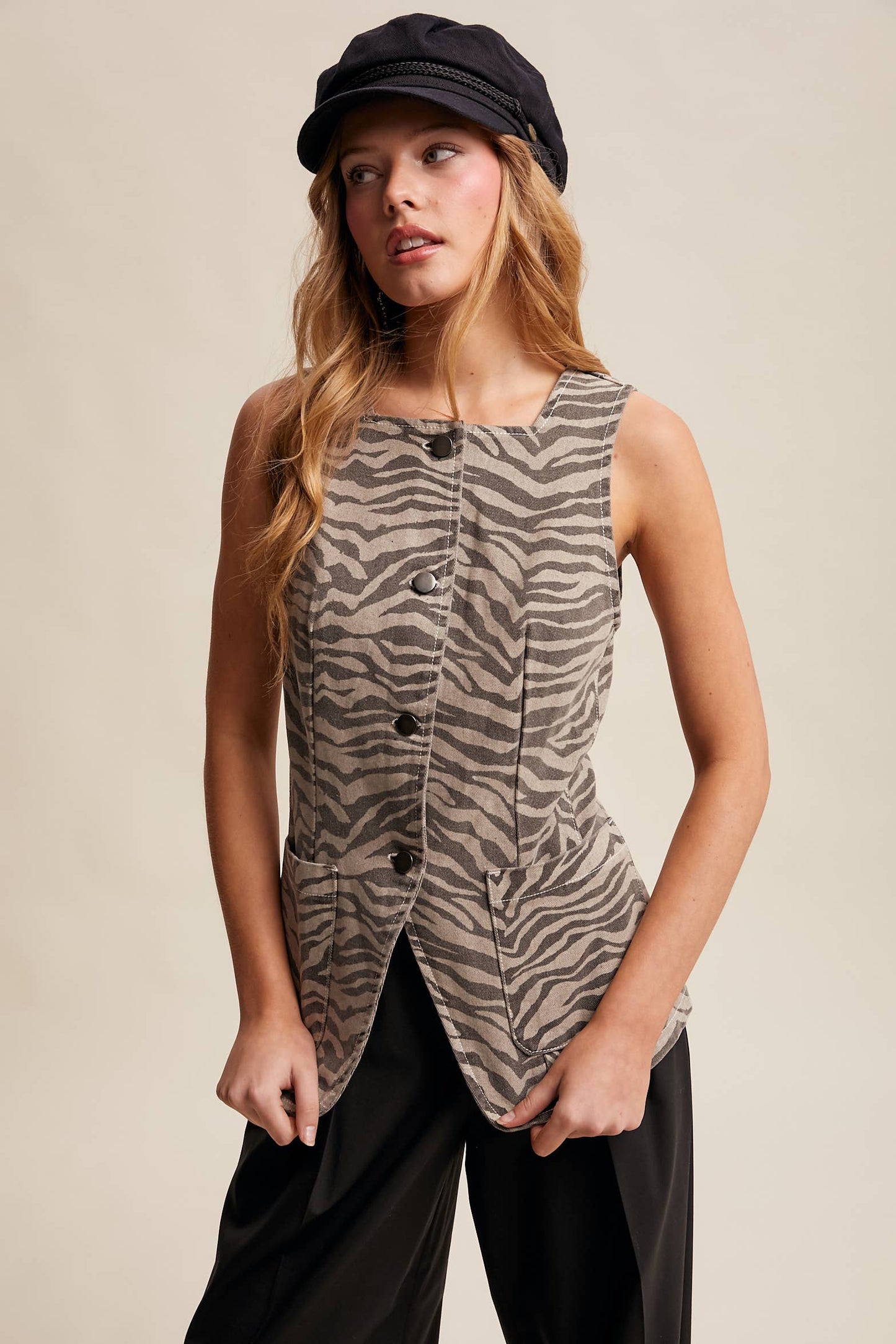 Zebra Print Button-Front Denim Vest—Mocha