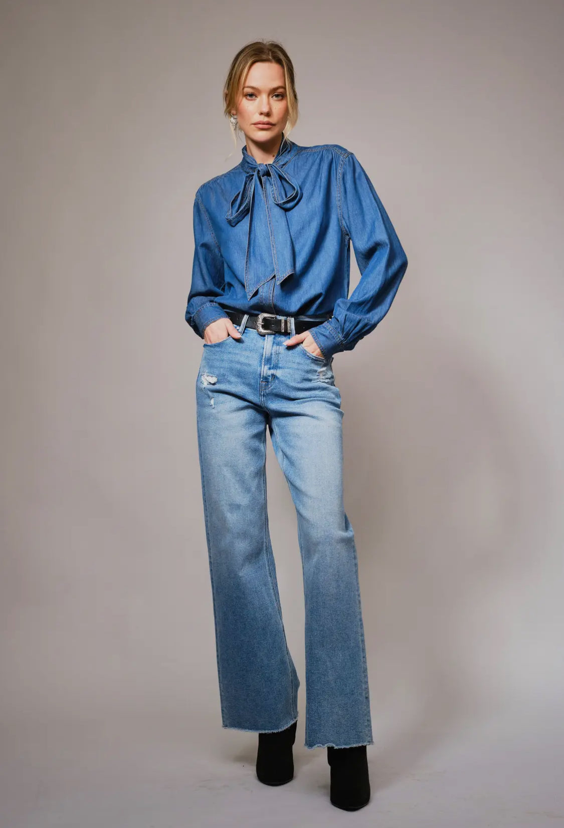 Denim Blue Tie Top Blouse- Dark Wash
