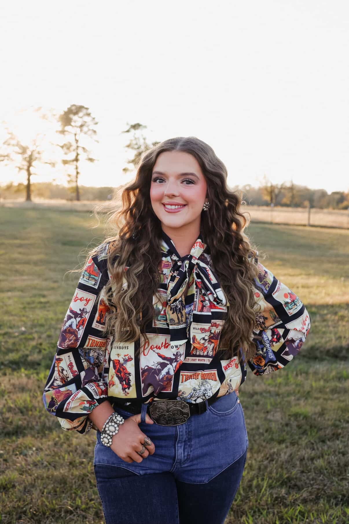 Western Cowboy Stamps Print— Ribbon Blouse