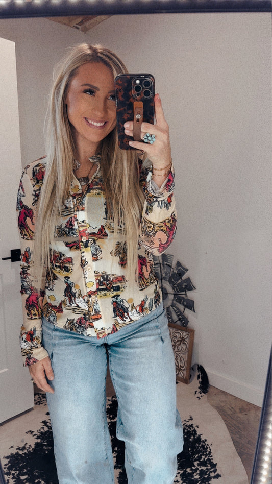 Western Cowboy Graphic Mesh Blouse