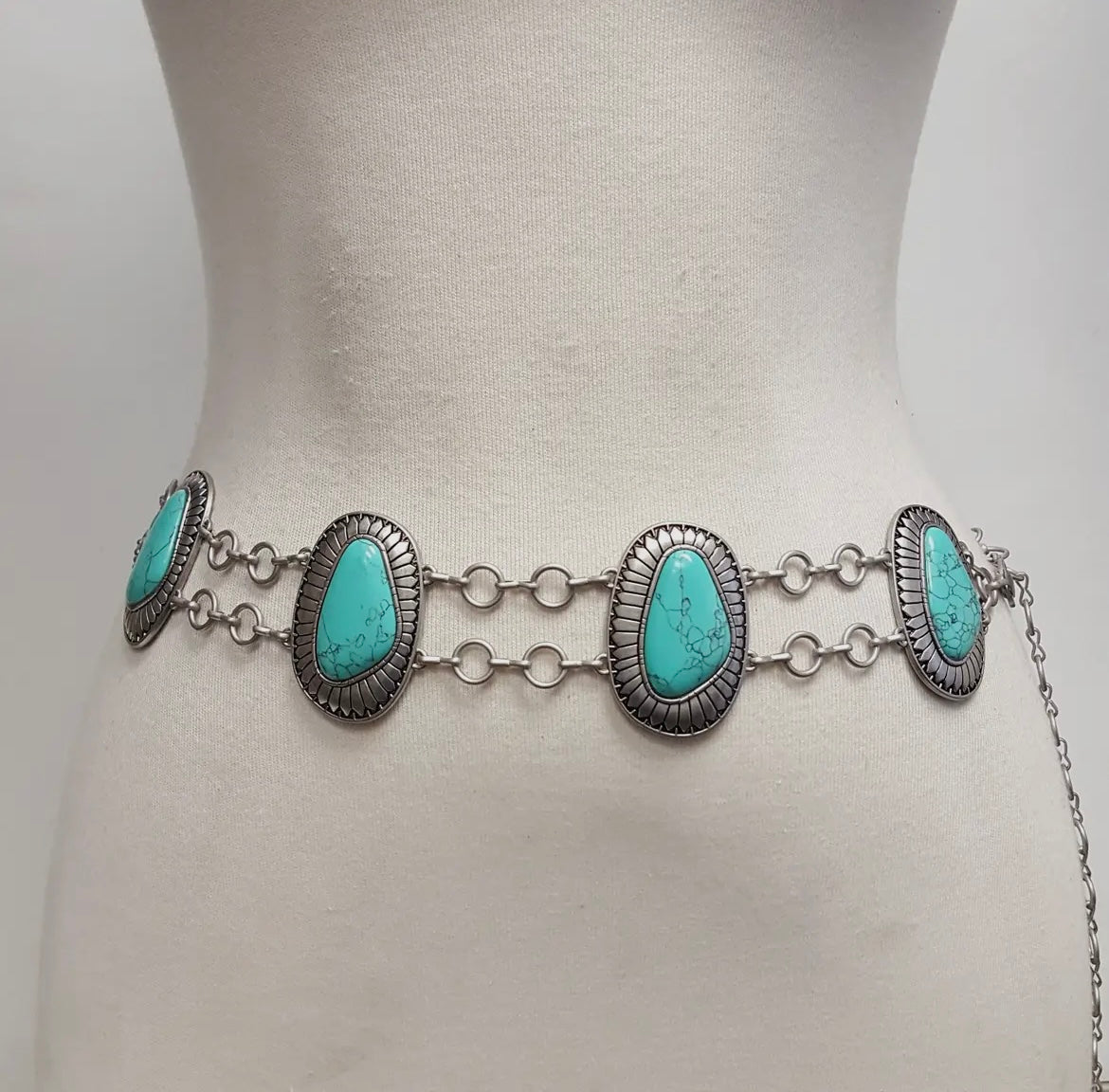 Silver Western Concho Double Chain Belt with Stones