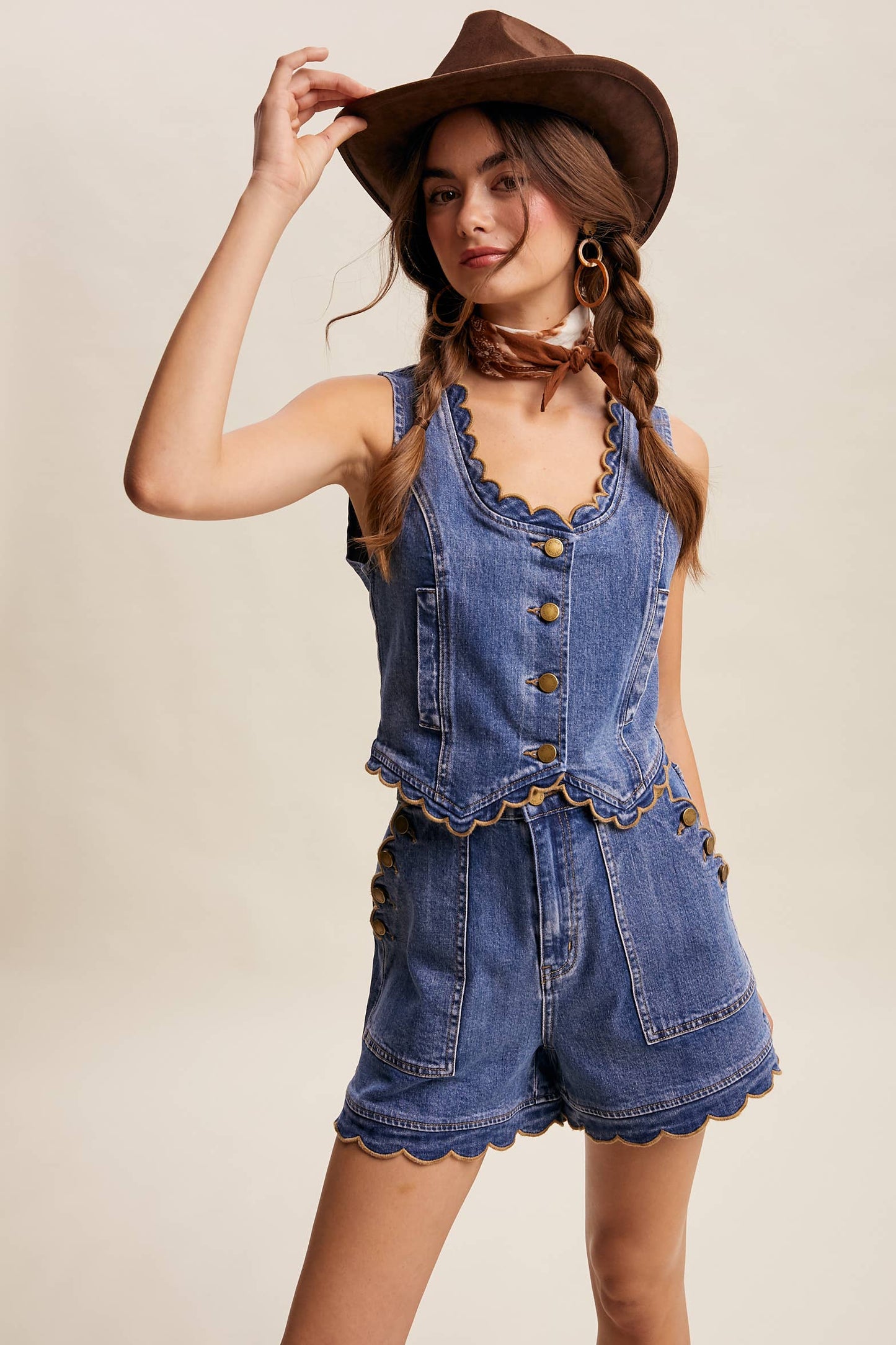 Scallop Trim Stretch Denim Vest—Drift Blue