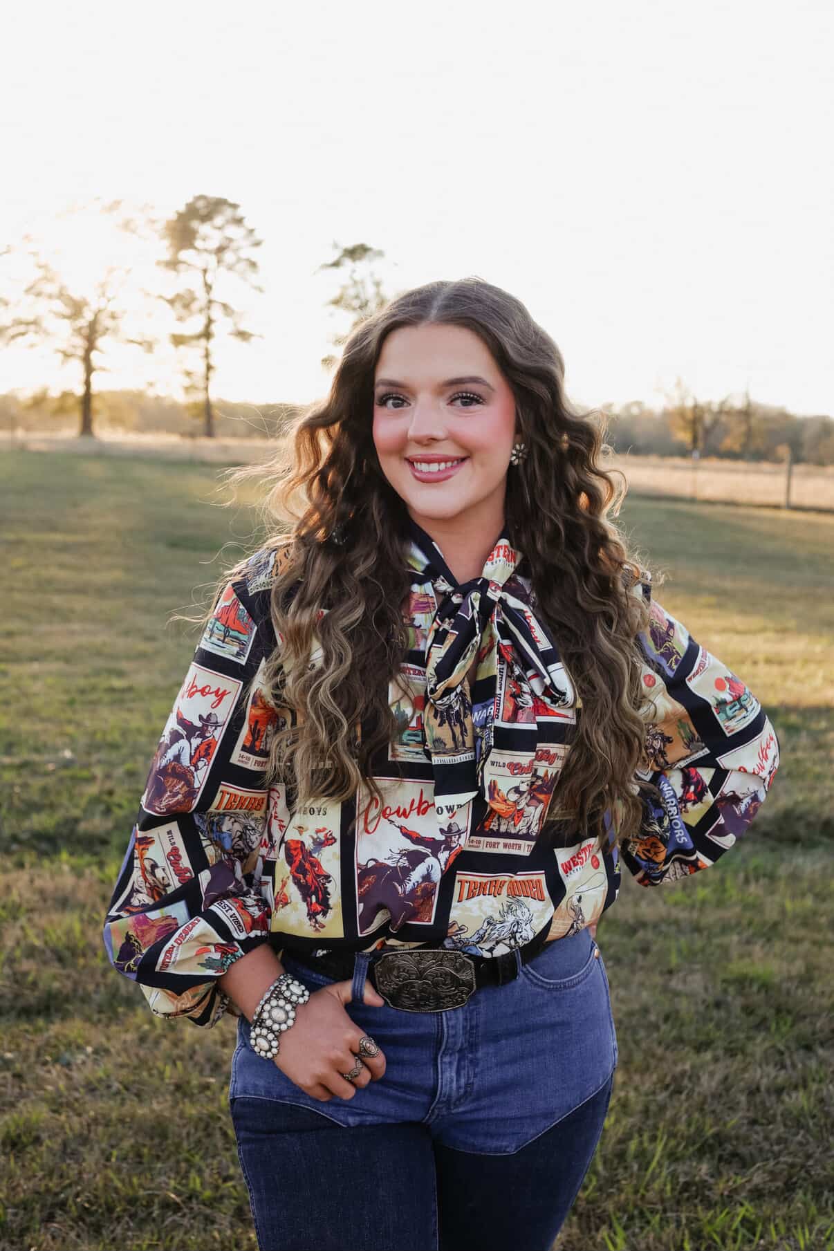 Western Cowboy Stamps Print— Ribbon Blouse