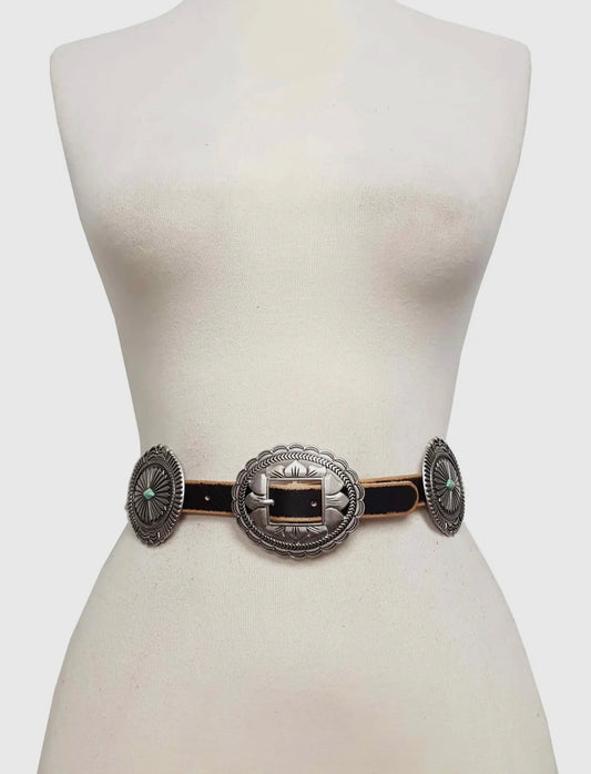 Western Genuine Distressed Leather Belt with Oval Conchos