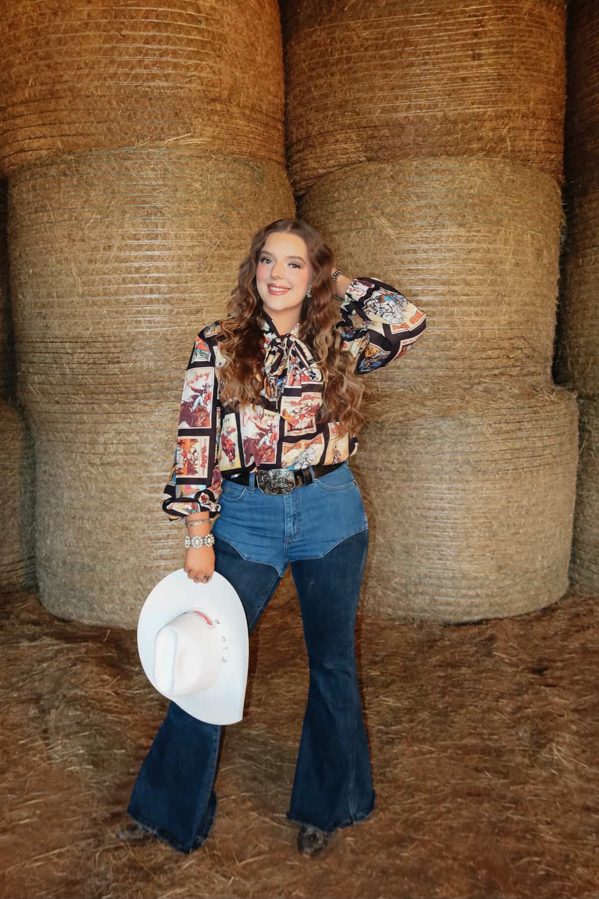 Western Cowboy Stamps Print— Ribbon Blouse