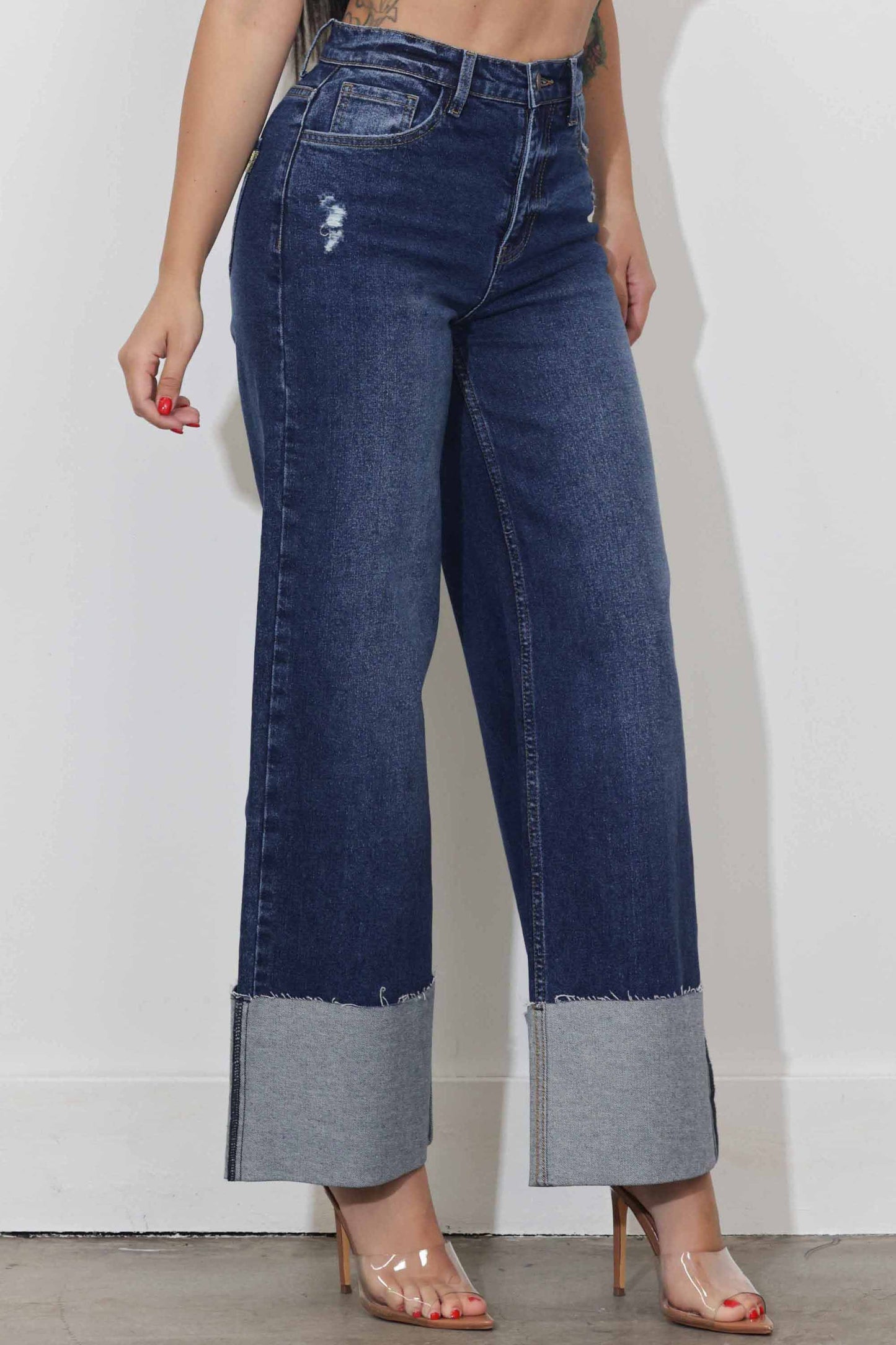 Wide Leg Jeans with Comfort Stretch & Cuff- Dark Stone