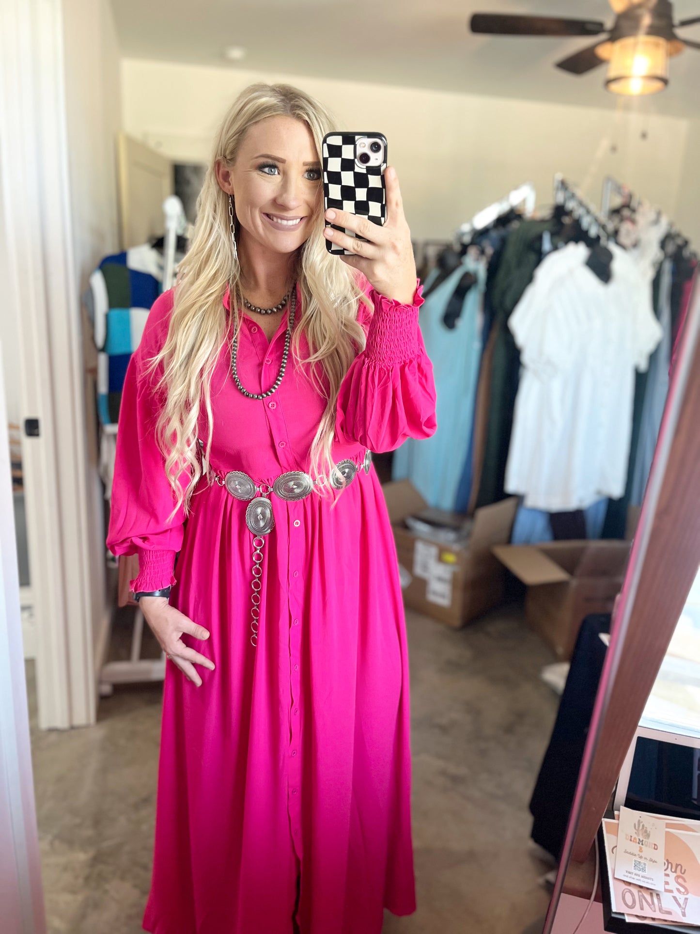 Hot Pink Bubble Sleeve Maxi Dress