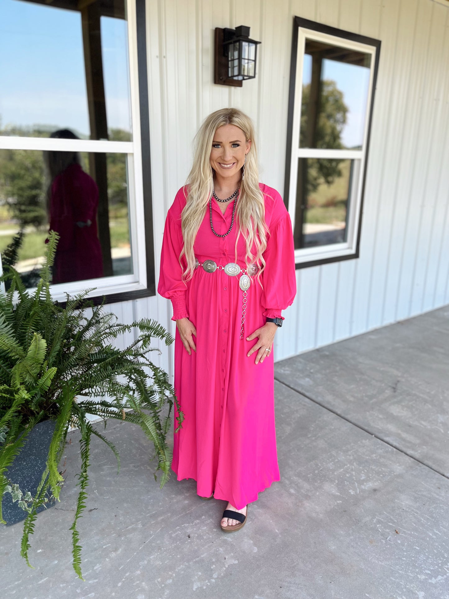 Hot Pink Bubble Sleeve Maxi Dress