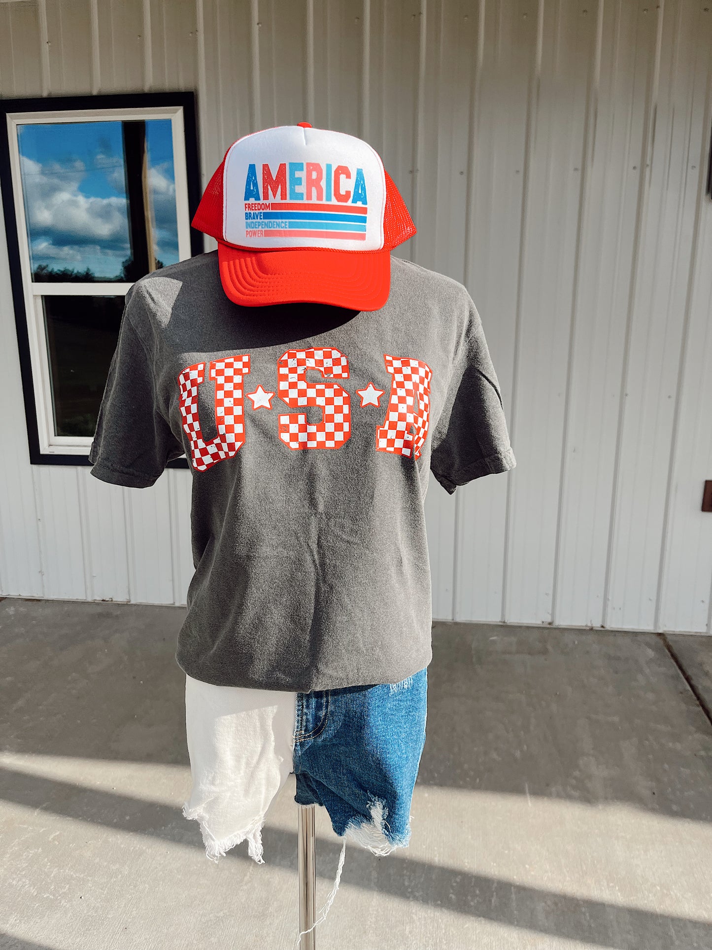 Red and White Checkered USA on Comfort Colors- Pepper