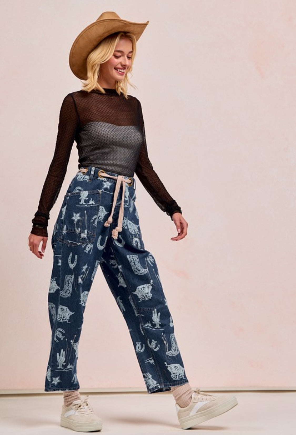 Cowboy Print Denim Pants With Braided Belt
