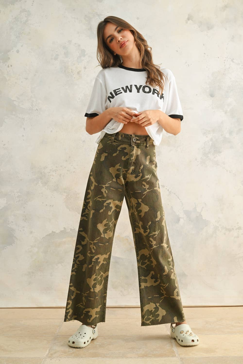 Camouflage Print Stretch Wide Leg Pants