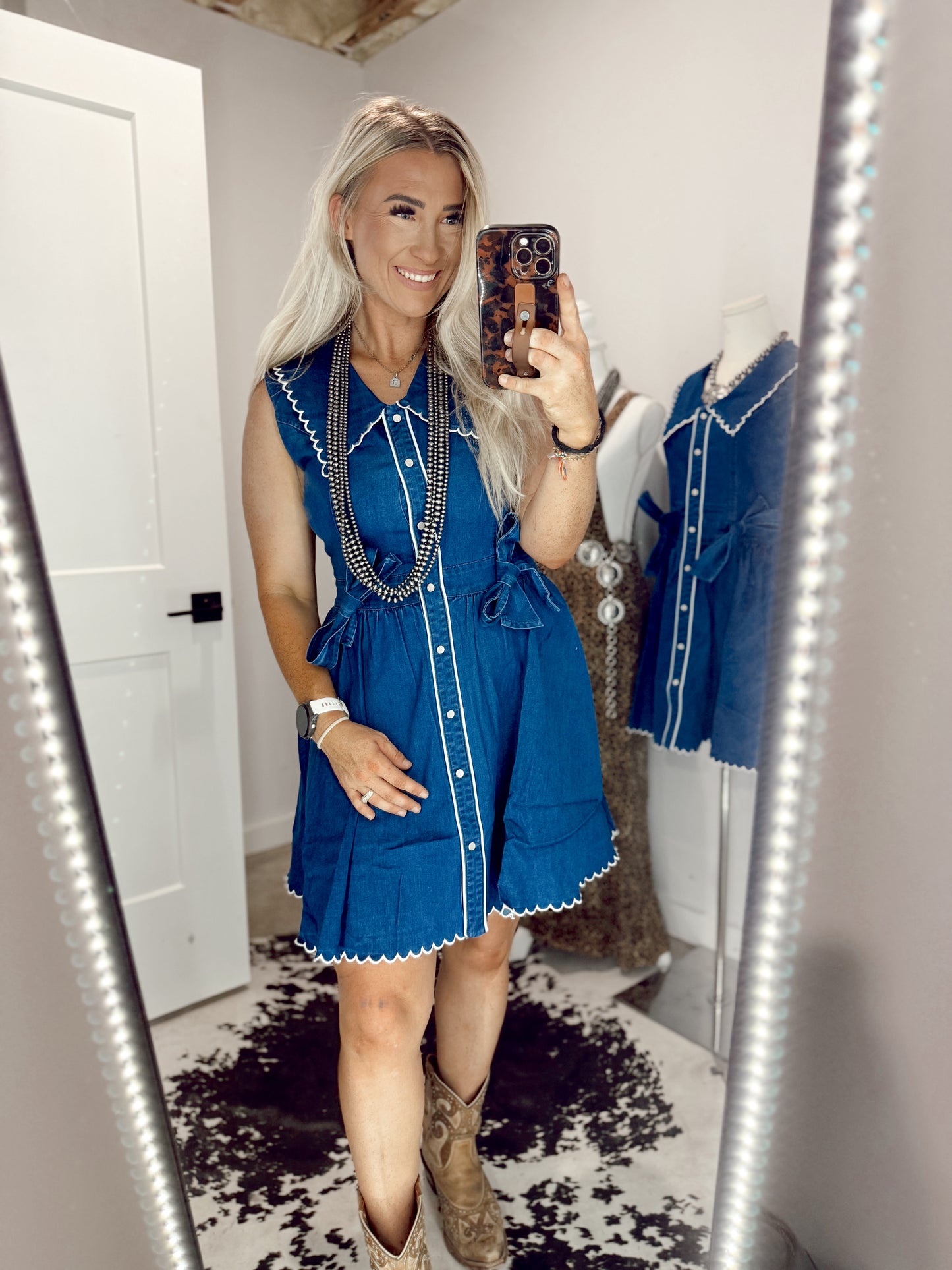 Mid Wash Stretch Denim Bib Collar Pearl Snap Dress