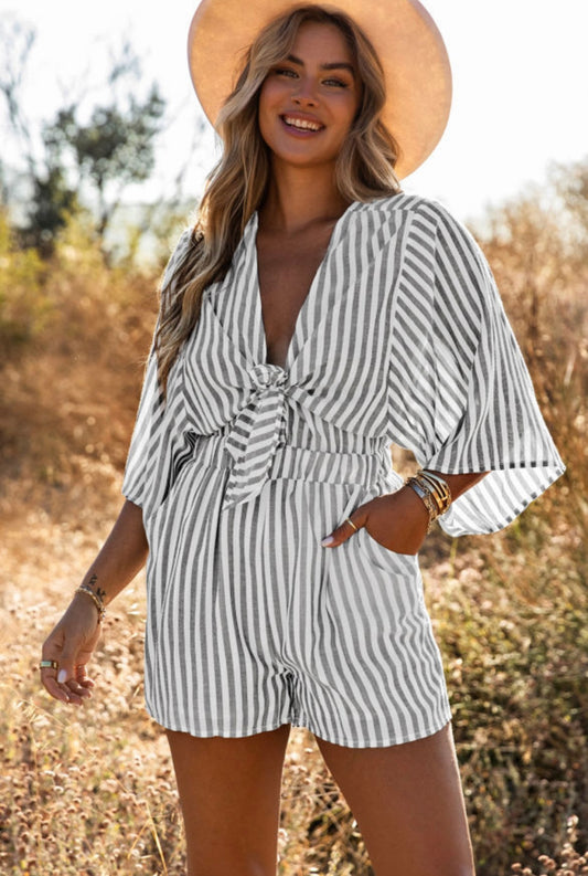 Tie Front Striped Romper with Pockets