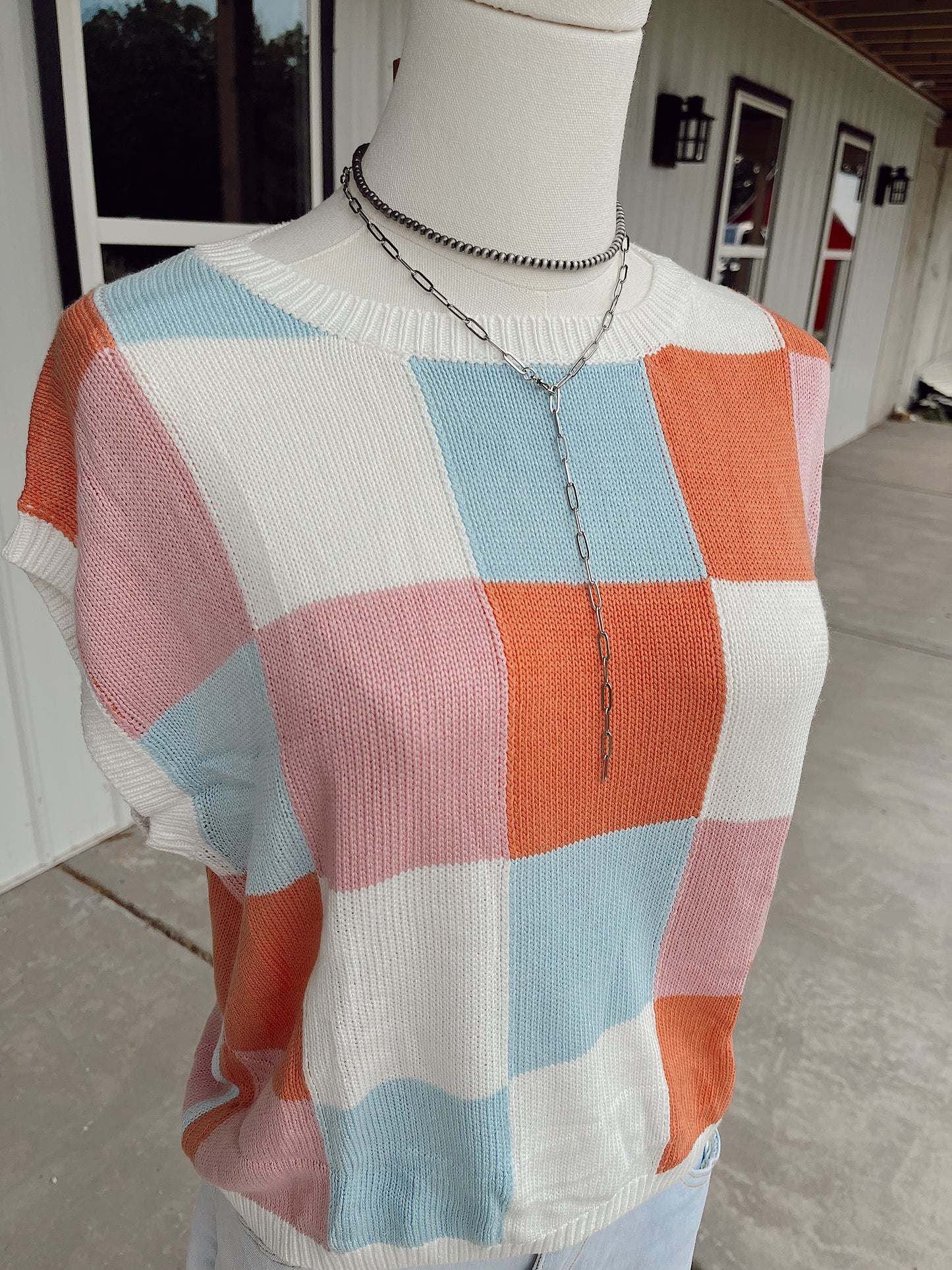 Color Block Grapefruit Cap Sleeved Sweater