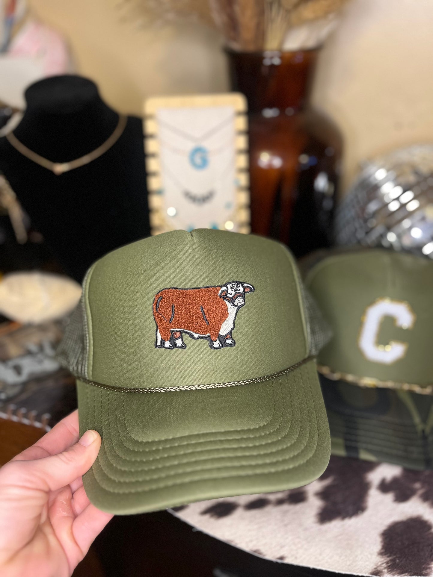 Olive Green Hereford Bull Trucker