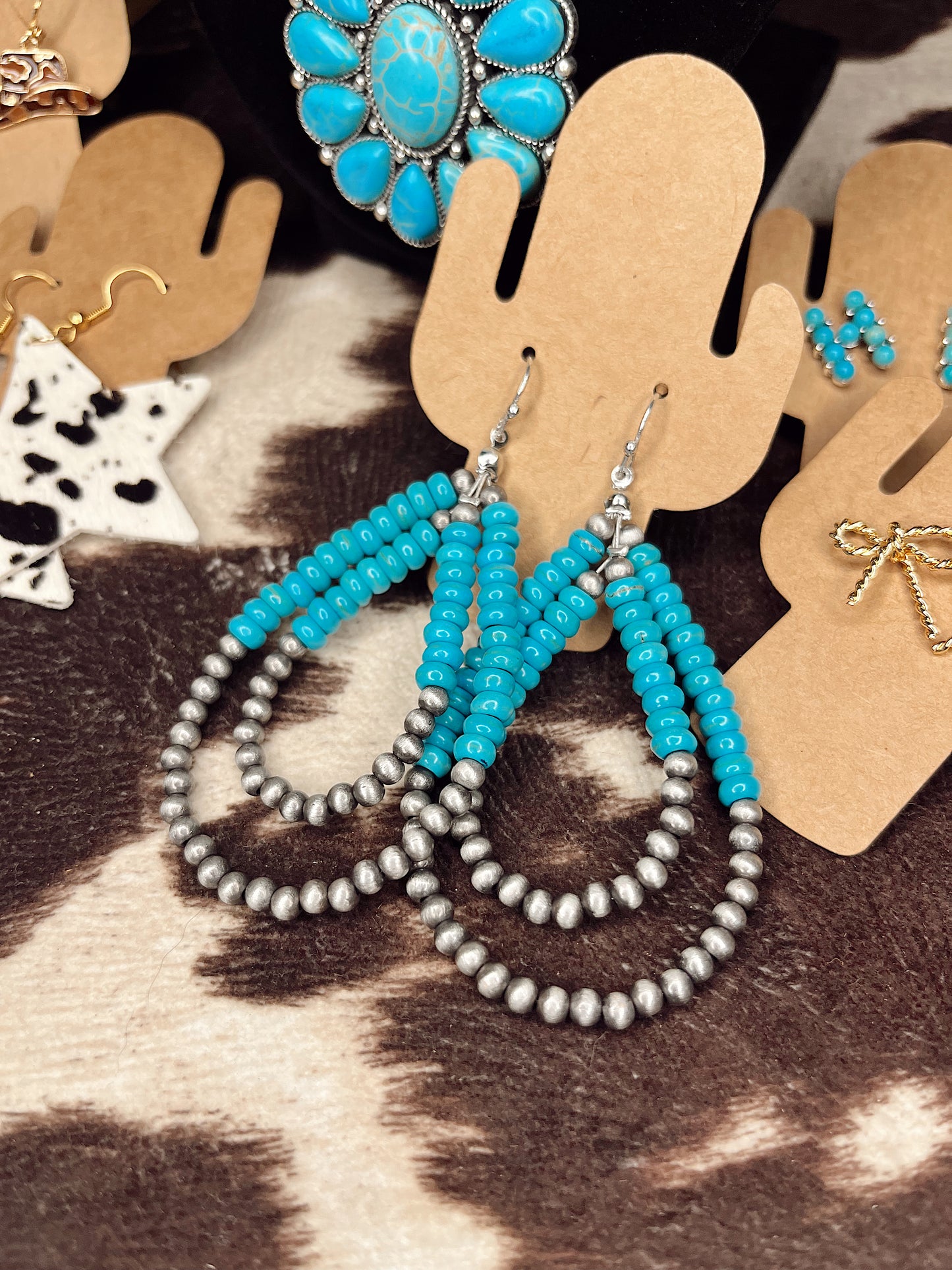 Turquoise and Faux Navajo Pearl Double Teardrop Earrings