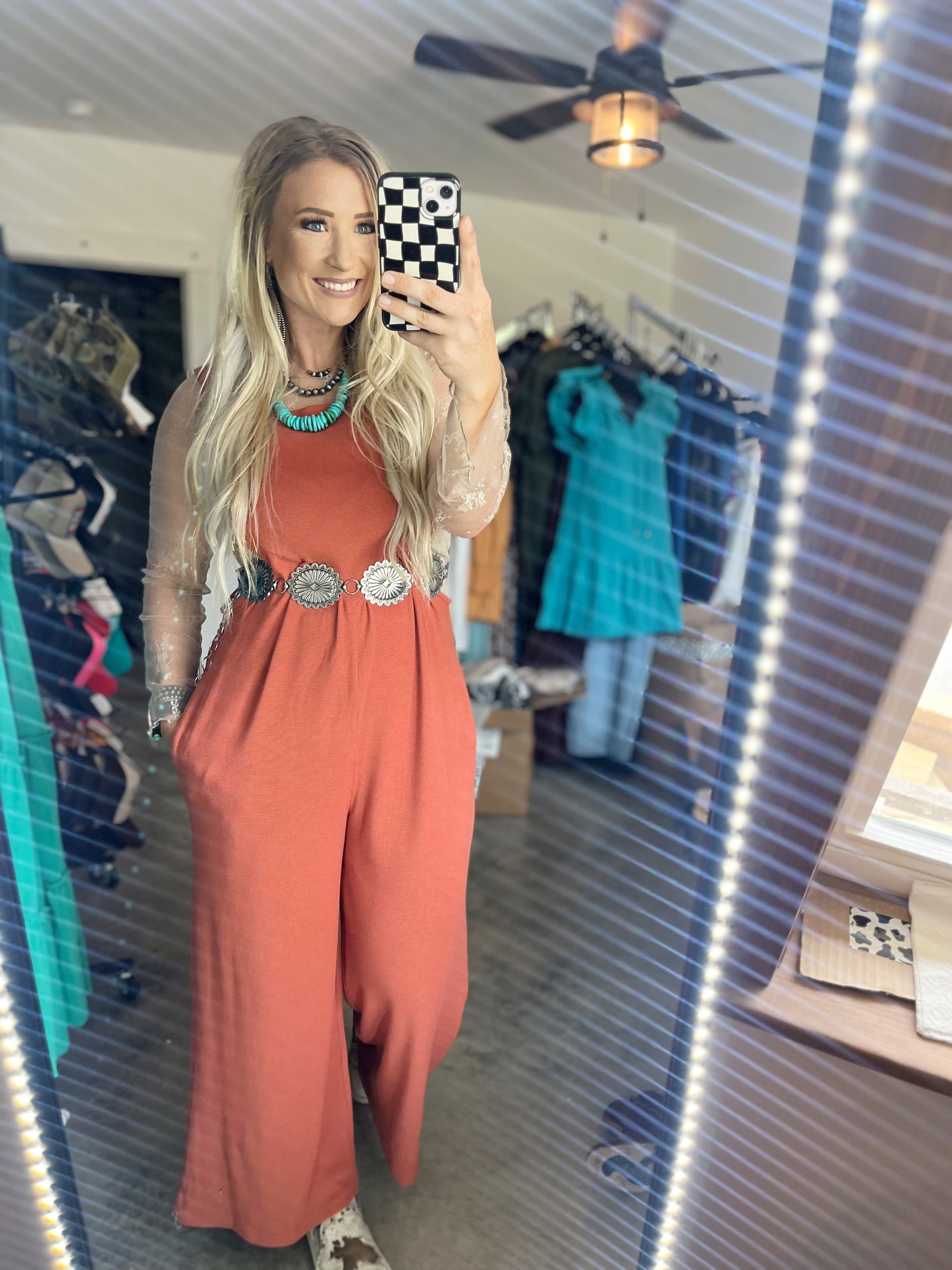 Waffle Knit Wide Leg Jumpsuit- Rust