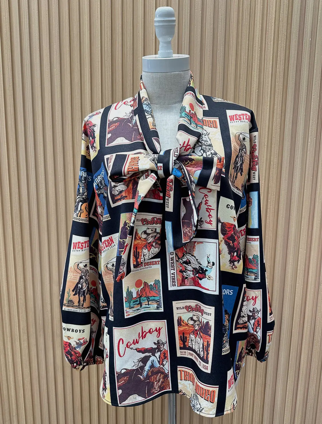 Western Cowboy Stamps Print— Ribbon Blouse