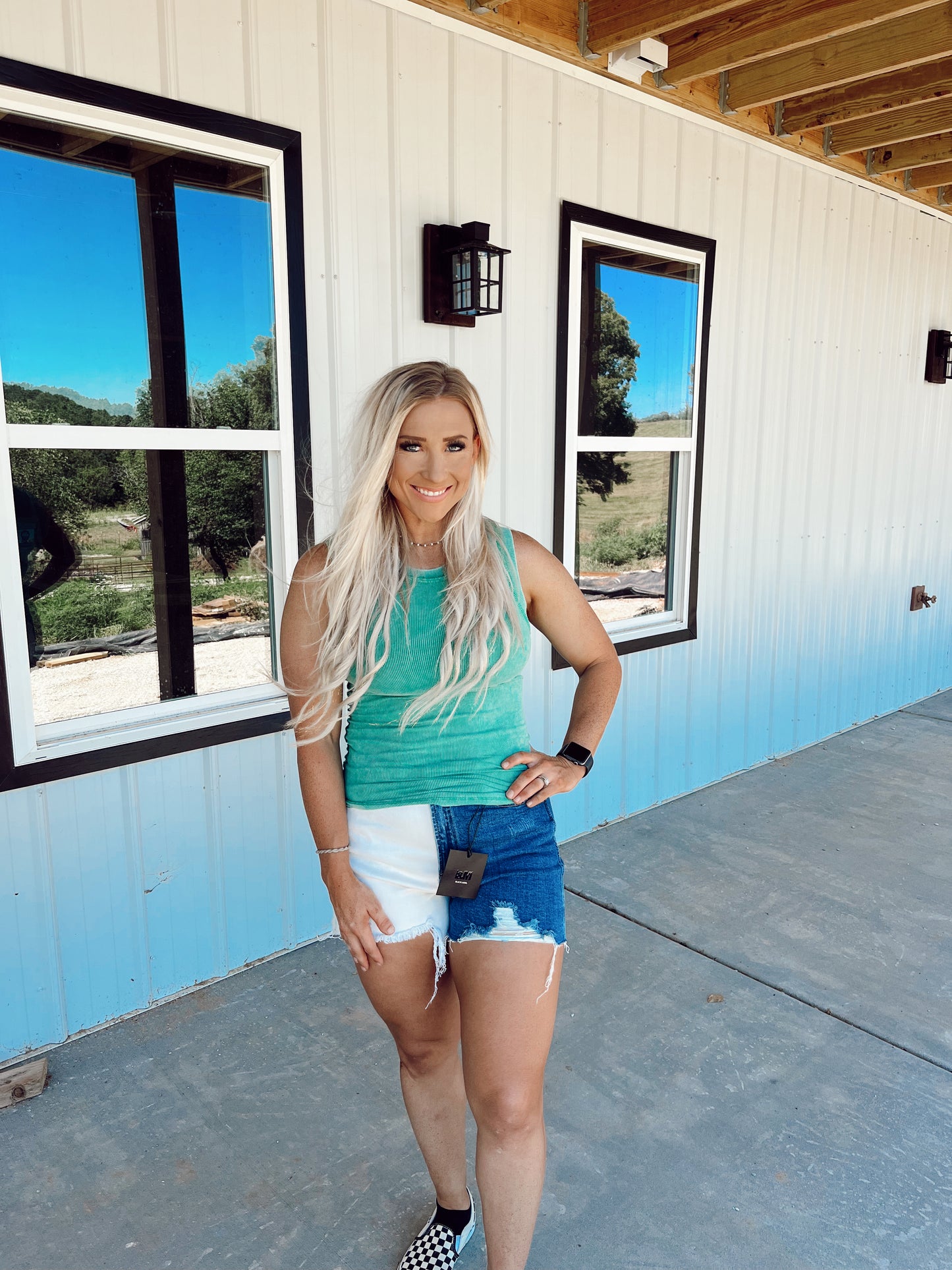 Color Block Distressed Denim Shorts