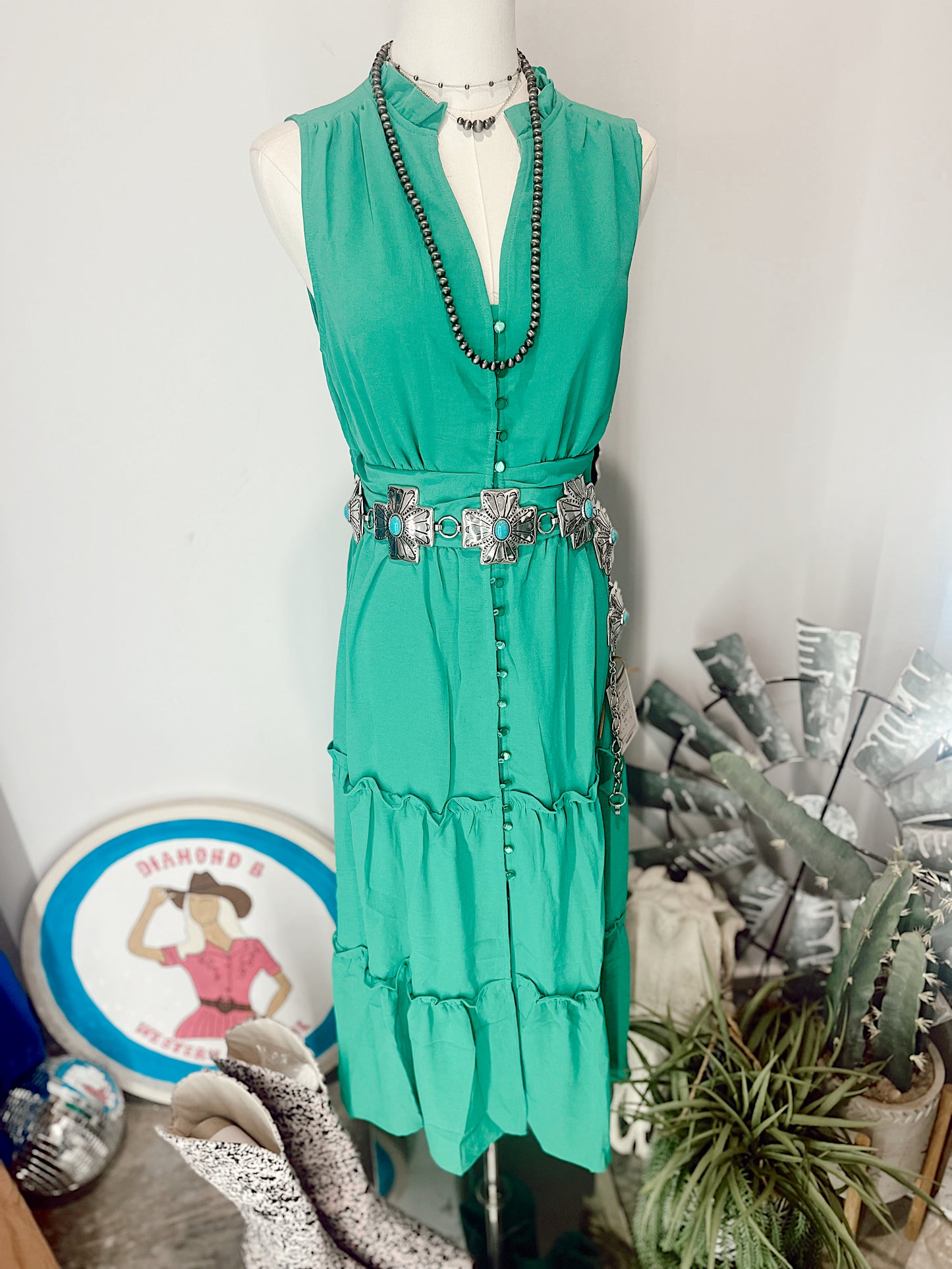 Sleeveless Button Down Tiered Midi Dress- Mint Green