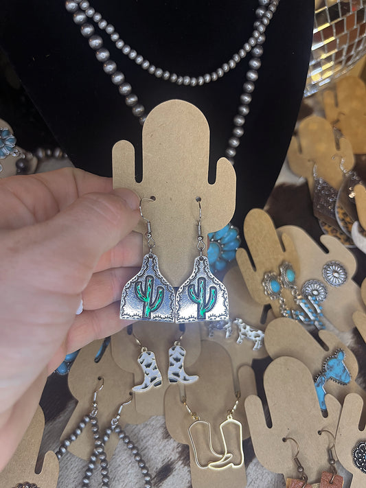 Cattle Tag Earrings with Cactus