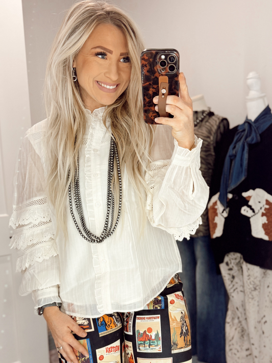 Lace Ruffle Sleeve Pintuck Blouse—Cream