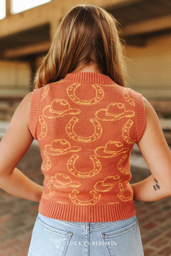 Camel Western Contrast Knit Sleevelss Button Down Shirt