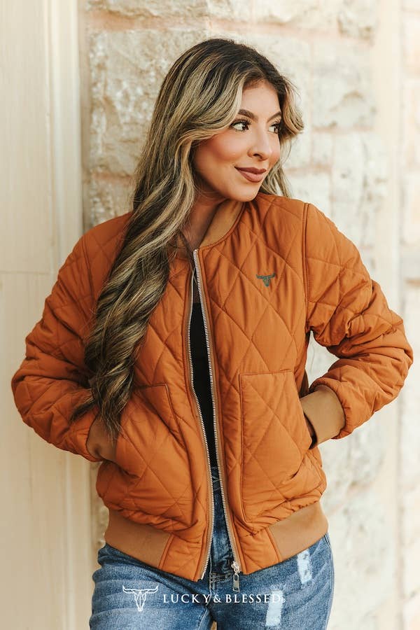 Camel Quilted Bomber Jacket with Teal Lining