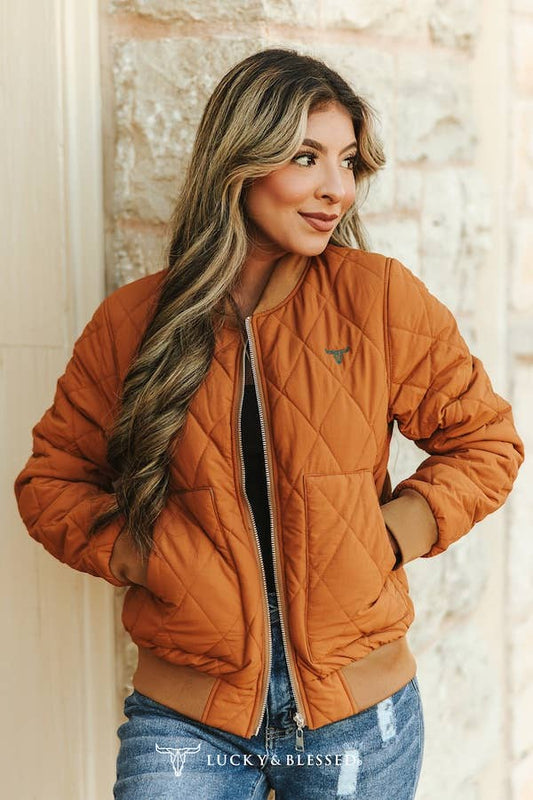 Camel Quilted Bomber Jacket with Teal Lining