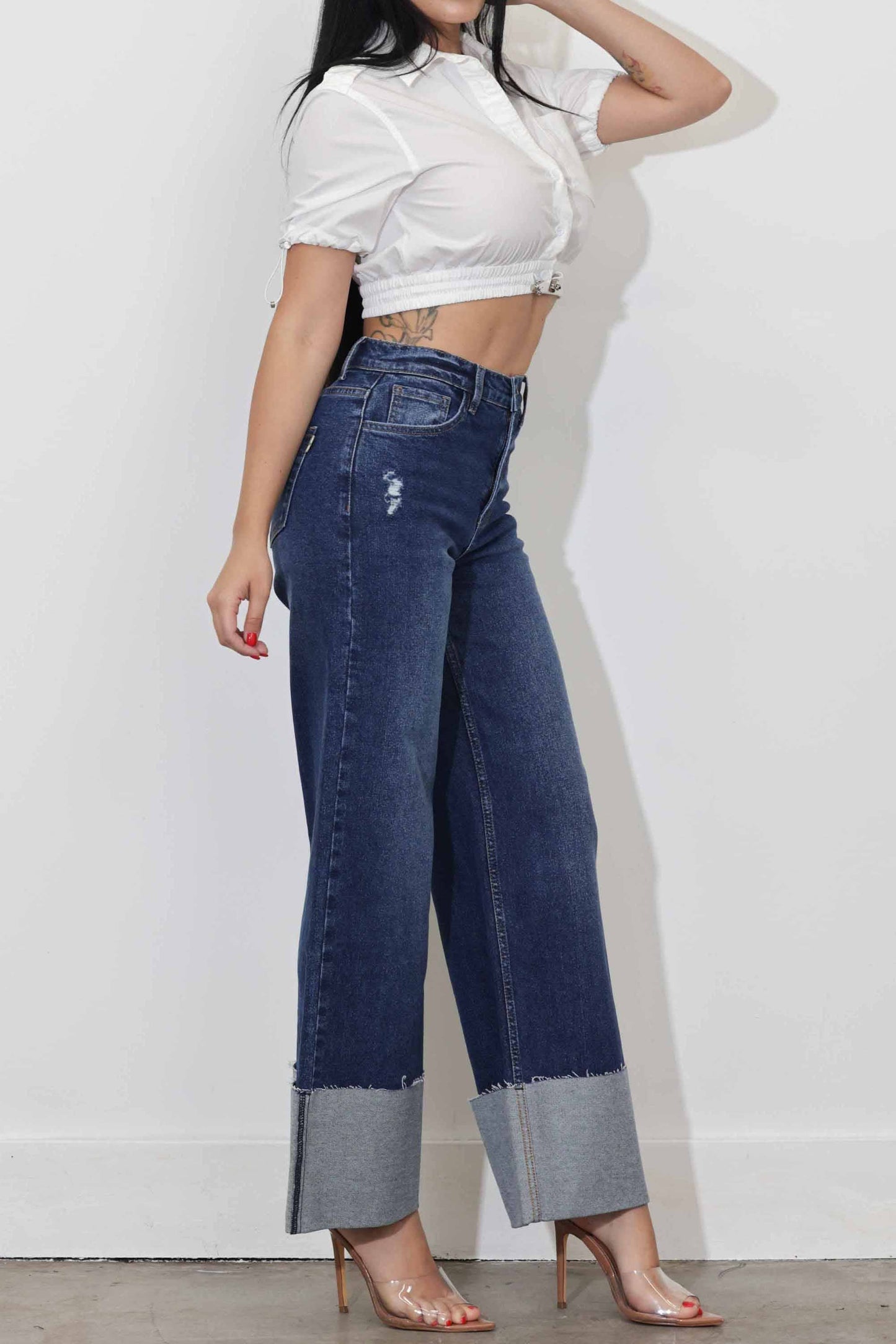 Wide Leg Jeans with Comfort Stretch & Cuff- Dark Stone
