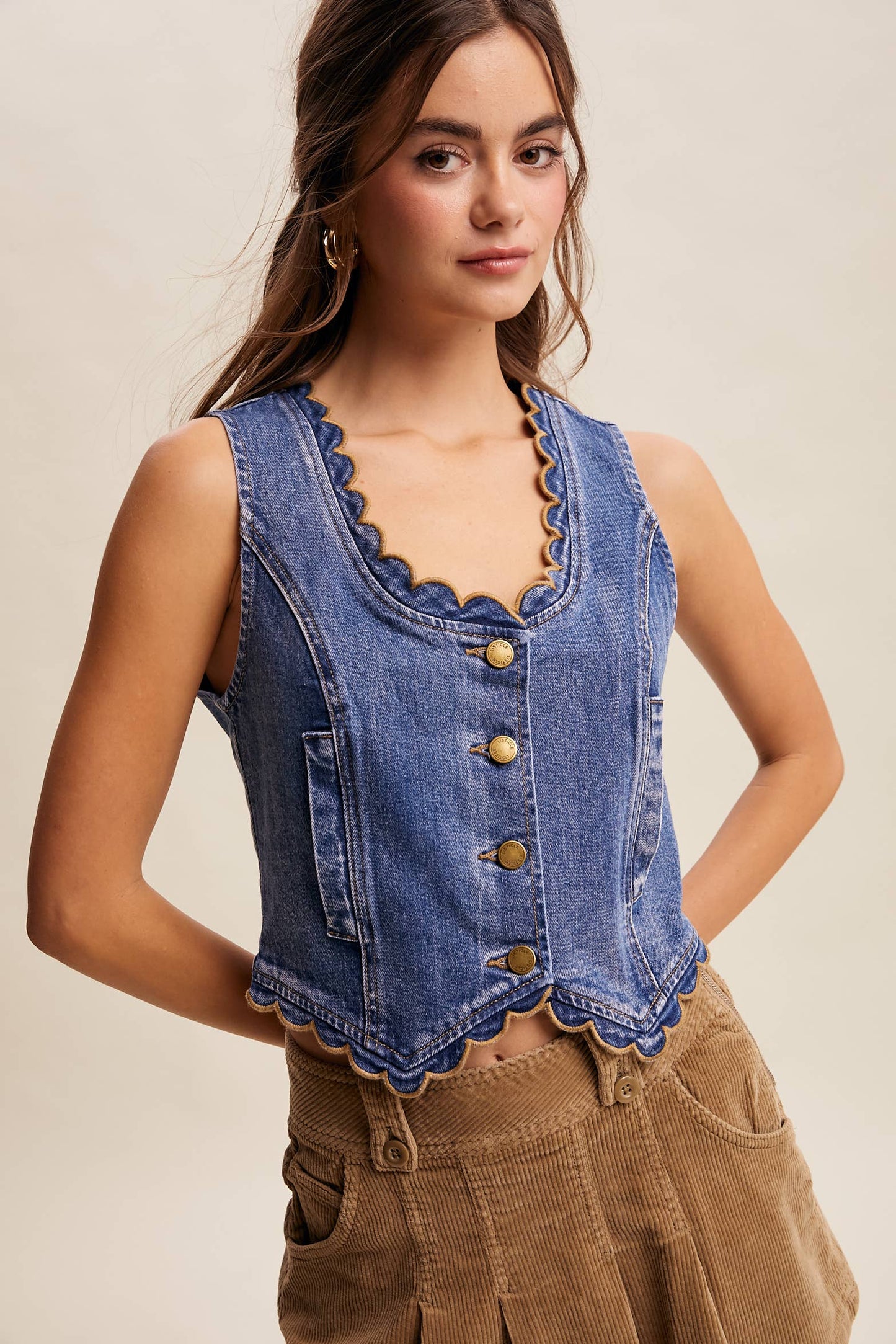 Scallop Trim Stretch Denim Vest—Drift Blue