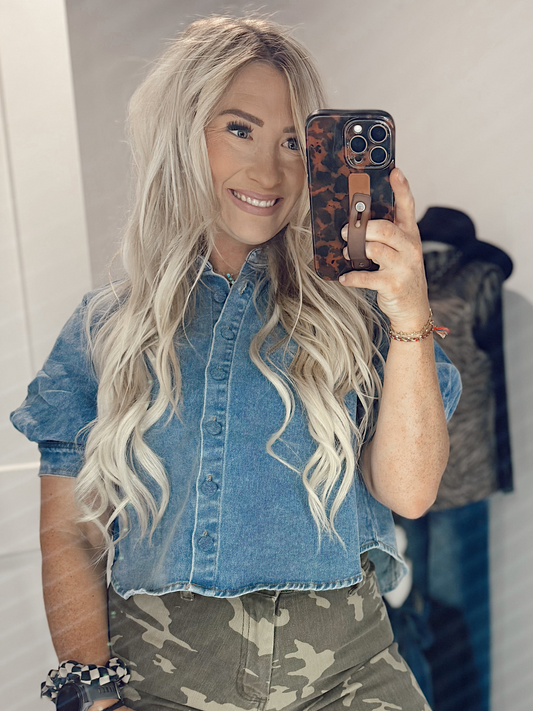 Puff Short Sleeve Button Down Denim Shirt— Medium Wash