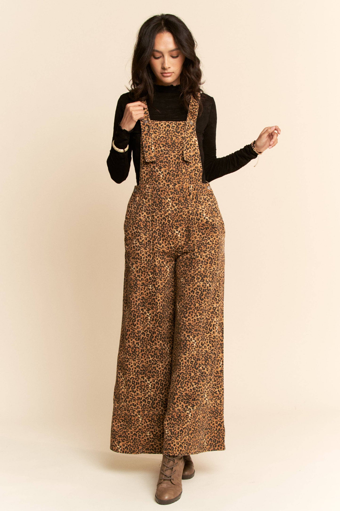 Denim Cheetah Wide Leg Overalls