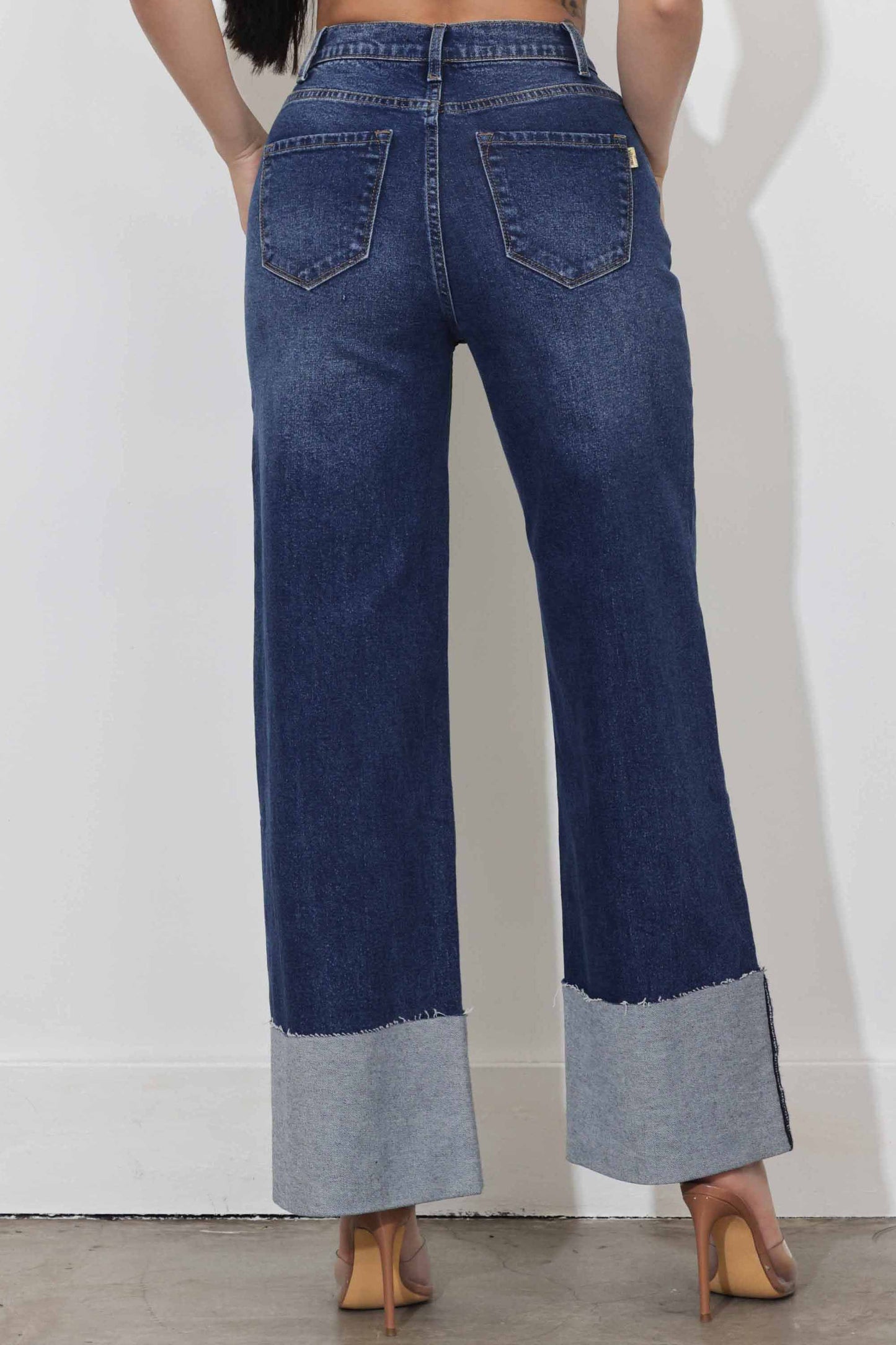 Wide Leg Jeans with Comfort Stretch & Cuff- Dark Stone