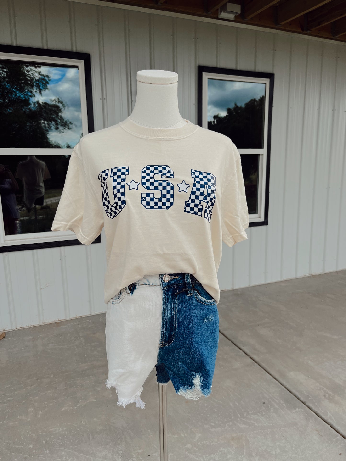 Color Block Distressed Denim Shorts