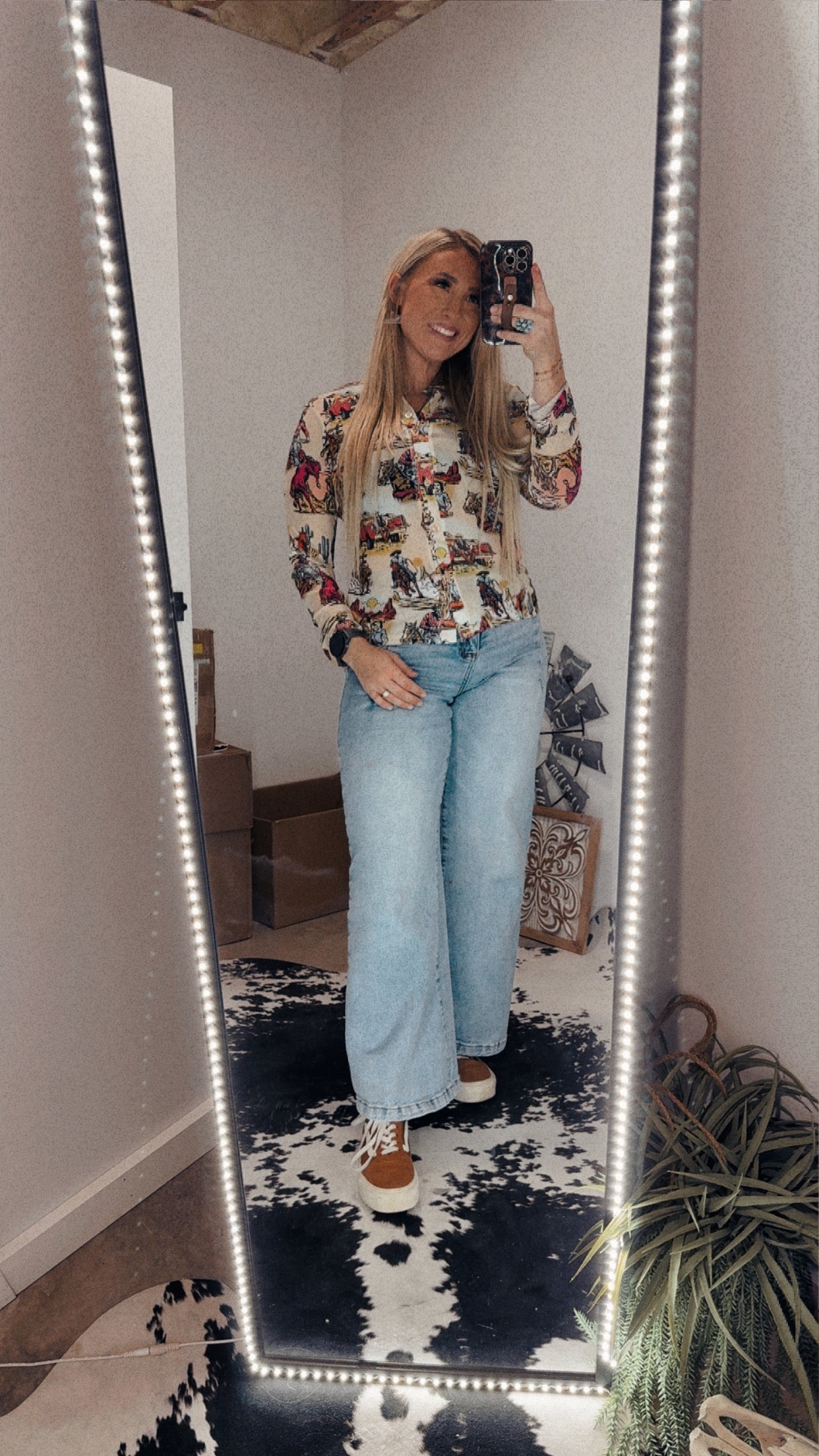 Western Cowboy Graphic Mesh Blouse