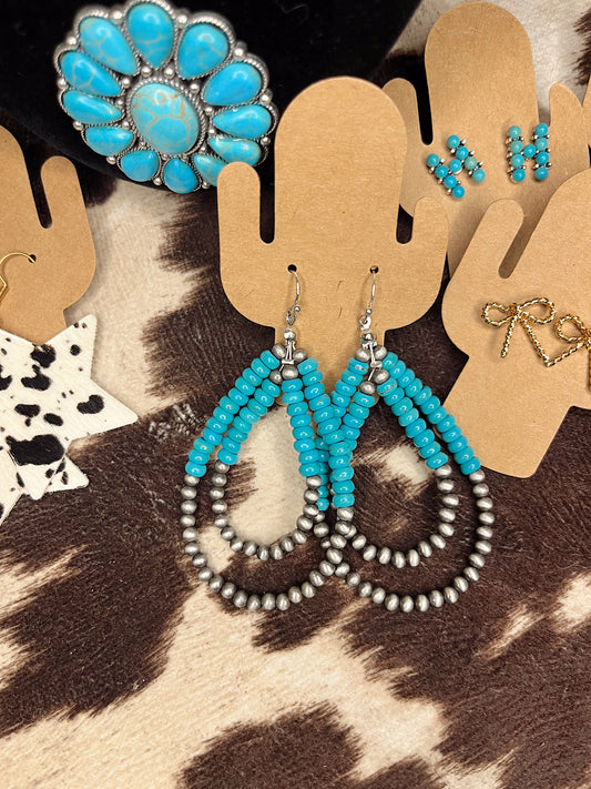 Turquoise and Faux Navajo Pearl Double Teardrop Earrings