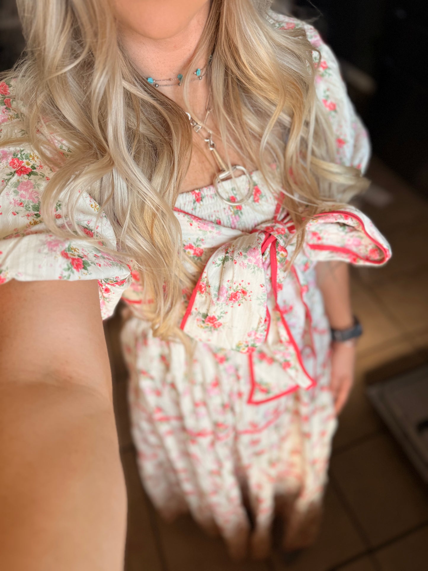 Pink Floral Tiered Bow Maxi Dress
