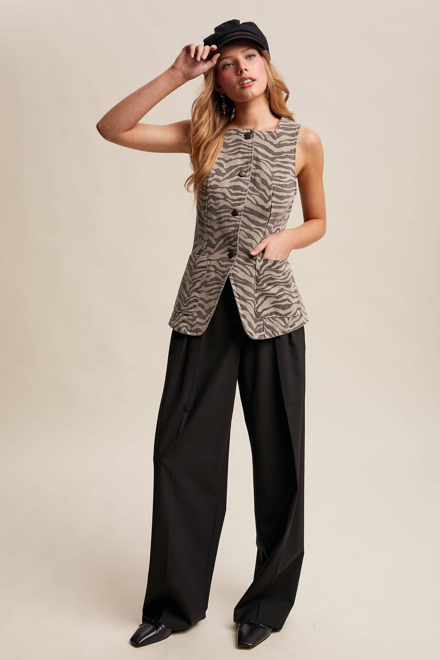 Zebra Print Button-Front Denim Vest—Mocha