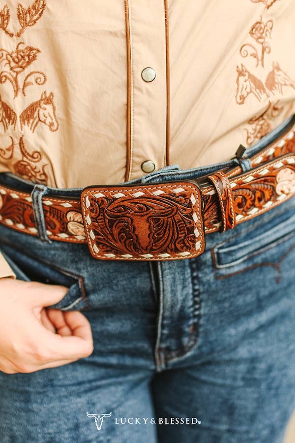 Brown Tooled Western Leather Belt W White Floral Embroidery: L