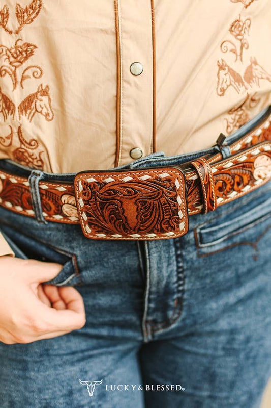 Brown Tooled Western Leather Belt W White Floral Embroidery: L