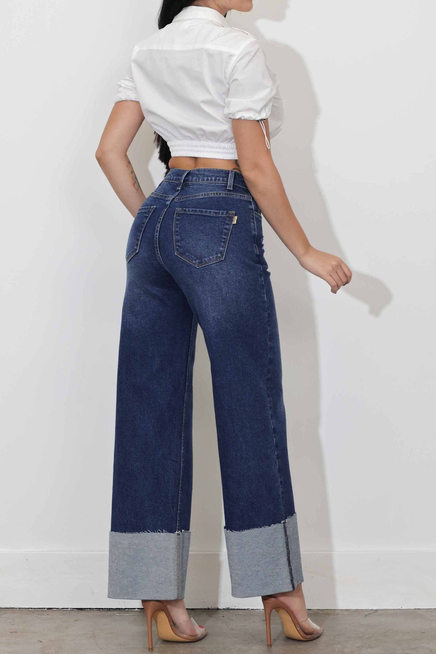 Wide Leg Jeans with Comfort Stretch & Cuff- Dark Stone