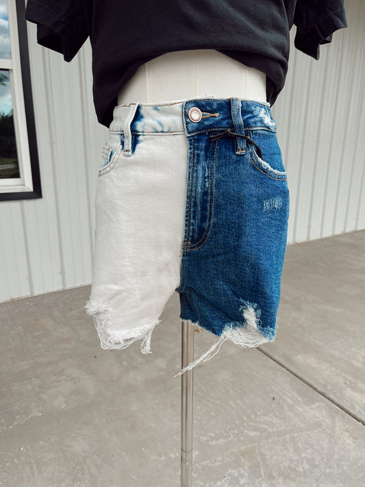 Color Block Distressed Denim Shorts