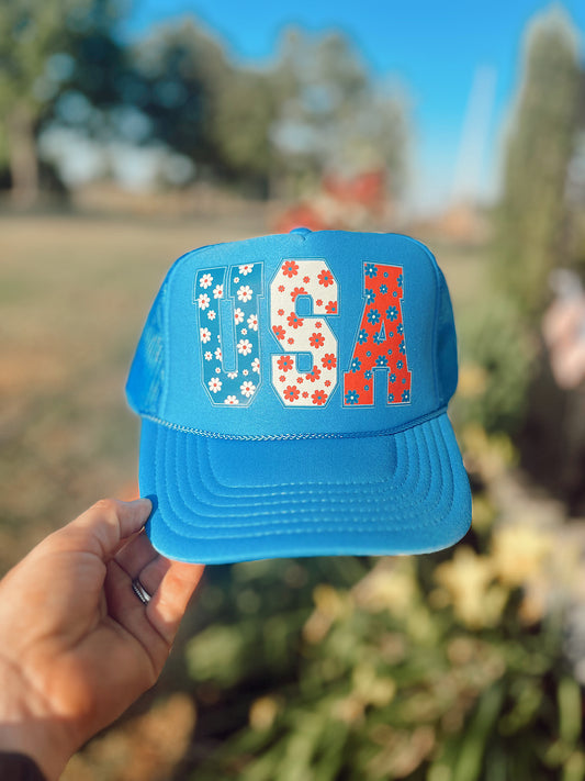 Floral “USA” Sky Blue Trucker Hat