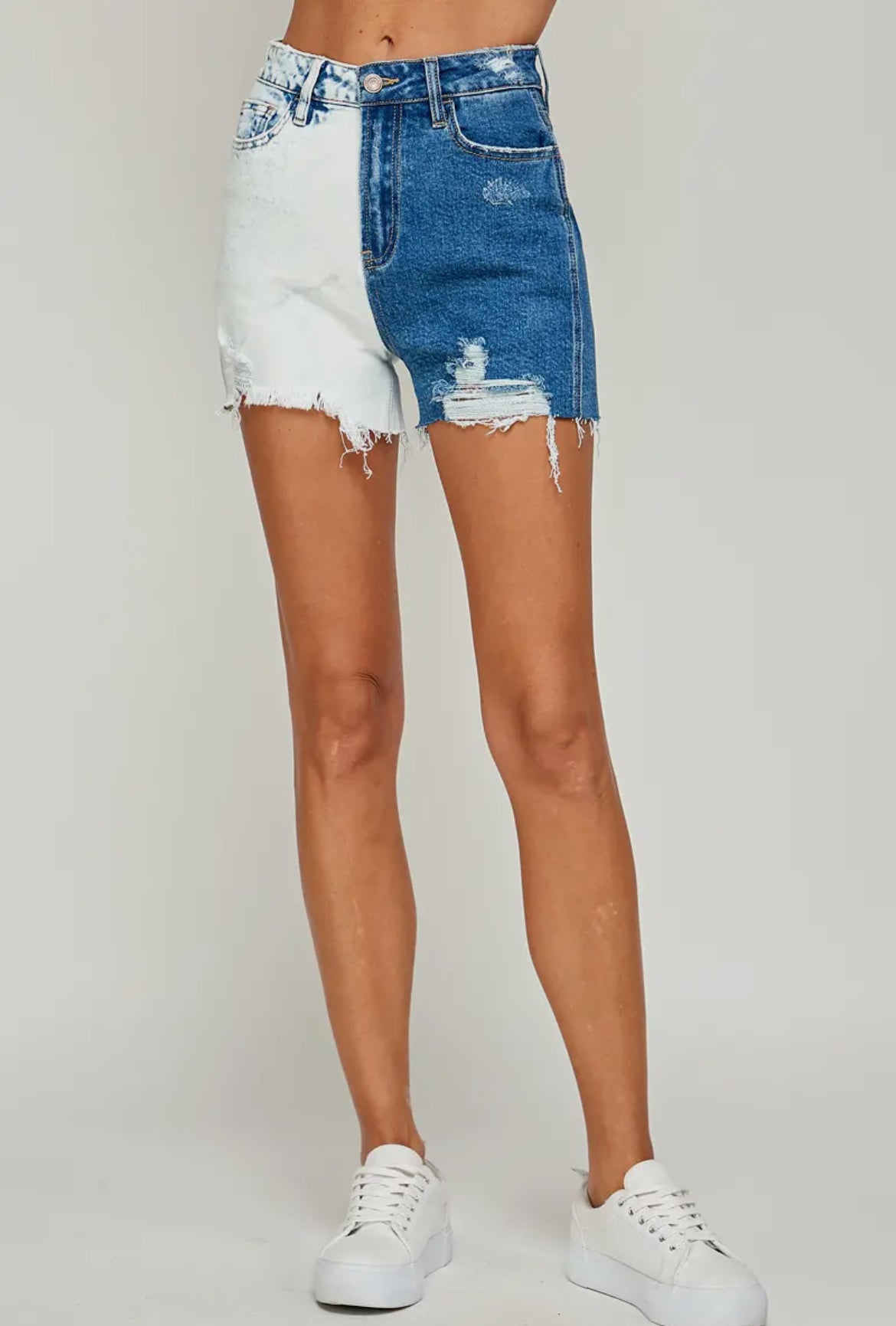 Color Block Distressed Denim Shorts